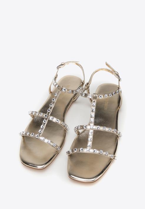 Damskie sandały skórzane z kryształkami, złoty, 98-D-972-G-35, Zdjęcie 2