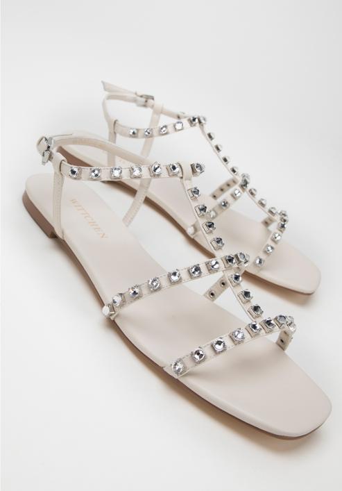 Damskie sandały skórzane z kryształkami, kremowy, 98-D-972-G-36, Zdjęcie 7