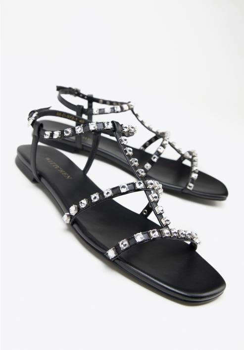 Damskie sandały skórzane z kryształkami, czarny, 98-D-972-0-36, Zdjęcie 7