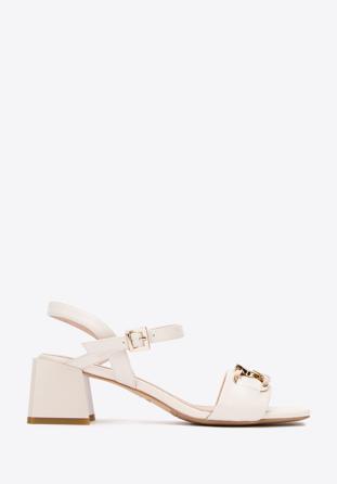 Leather block heel sandals with chain detail, cream, 94-D-510-0-35, Photo 1