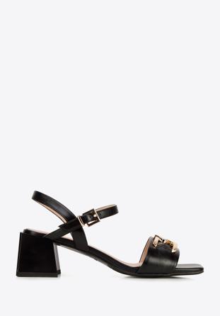 Leather block heel sandals with chain detail, black, 94-D-510-1-36, Photo 1