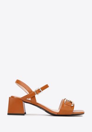 Leather block heel sandals with chain detail, brown, 94-D-510-5-35, Photo 1