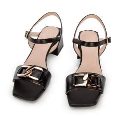 Leather block heel sandals with chain detail, black, 94-D-510-1-35, Photo 1