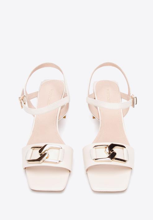 Leather block heel sandals with chain detail, cream, 94-D-510-5-36, Photo 3
