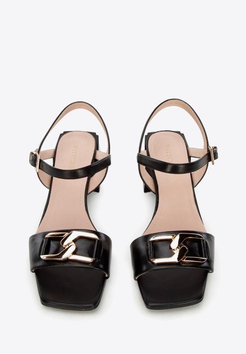 Leather block heel sandals with chain detail, black, 94-D-510-1-37, Photo 3