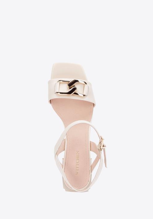 Leather block heel sandals with chain detail, cream, 94-D-510-5-36, Photo 4