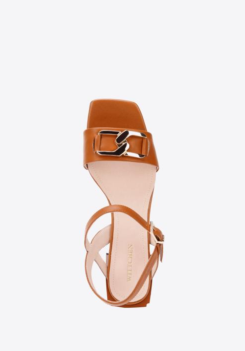Leather block heel sandals with chain detail, brown, 94-D-510-1-35, Photo 4