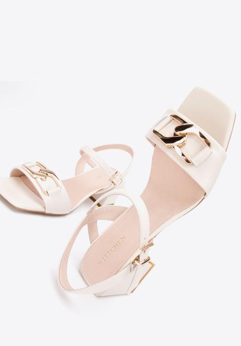Leather block heel sandals with chain detail, cream, 94-D-510-1-35, Photo 7