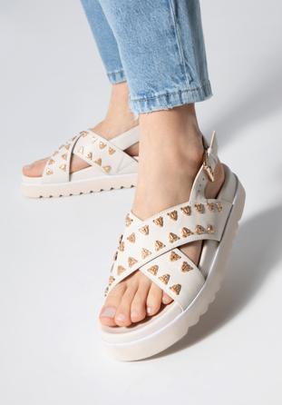 Women's cream leather platform sandals with decorative stud details