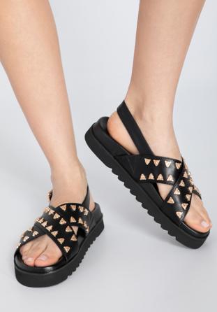 Women's black leather platform sandals with decorative stud details