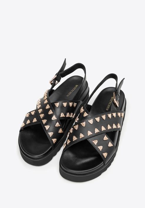Women's leather platform sandals with decorative stud details, black, 98-D-968-1-40, Photo 2