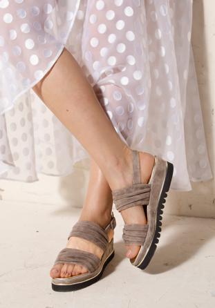 Damskie sandały z marszczonego zamszu, beżowy, 92-D-112-8-40, Zdjęcie 1