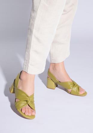 Damskie sandały z miękkiej skóry na słupku, zielony, 96-D-512-Z-37, Zdjęcie 1