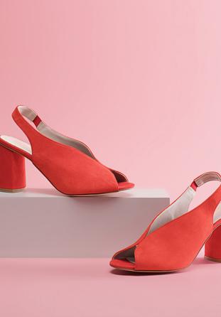 Damskie sandały zamszowe na słupku z gumką, czerwony, 90-D-651-3-38, Zdjęcie 1