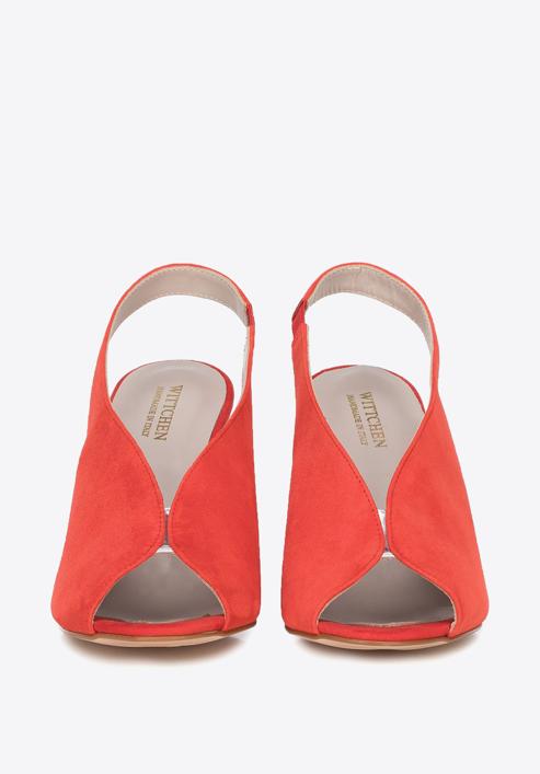 Damskie sandały zamszowe na słupku z gumką, czerwony, 90-D-651-3-38, Zdjęcie 4