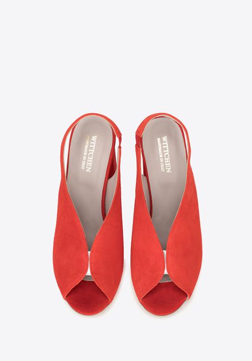 Damskie sandały zamszowe na słupku z gumką, czerwony, 90-D-651-3-38, Zdjęcie 7