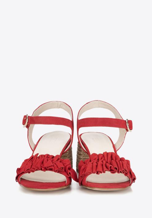Damskie sandały zamszowe z marszczeniem, czerwony, 88-D-450-3-37, Zdjęcie 4