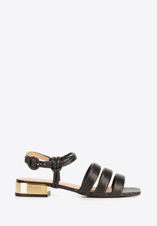 Croc print leather sandals with gold block heel, black, 92-D-750-1-36, Photo 1