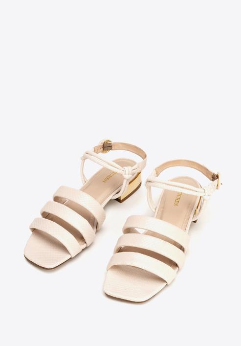 Croc print leather sandals with gold block heel, beige, 92-D-750-1-36, Photo 2