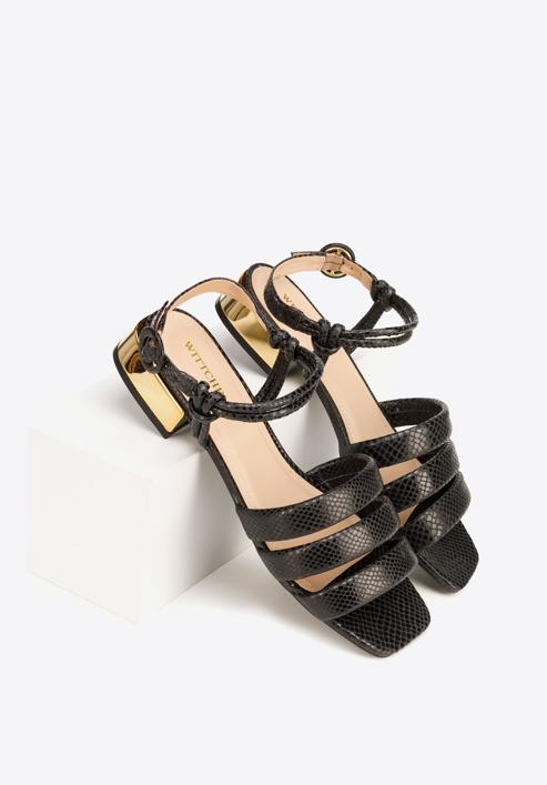 Croc print leather sandals with gold block heel, black, 92-D-750-1-37, Photo 4