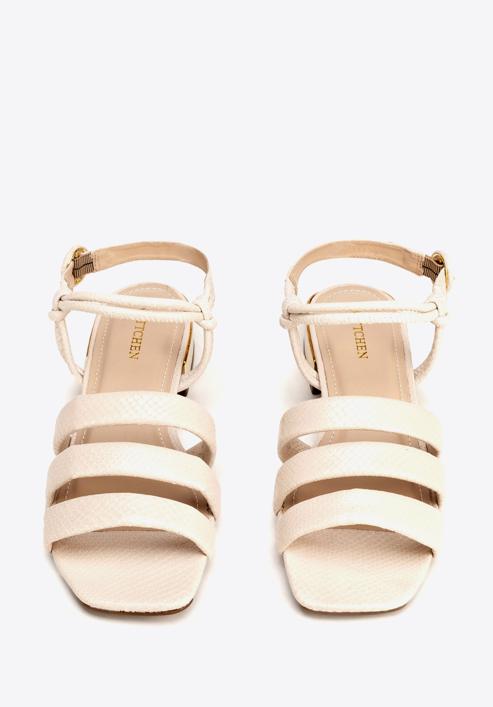 Croc print leather sandals with gold block heel, beige, 92-D-750-1-36, Photo 6