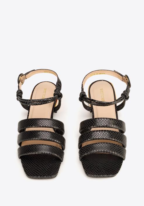 Croc print leather sandals with gold block heel, black, 92-D-750-1-37, Photo 6