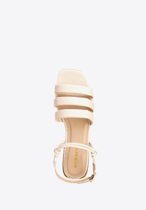 Damskie sandały ze skóry croco na złotym obcasie, beżowy, 92-D-750-0-35, Zdjęcie 7