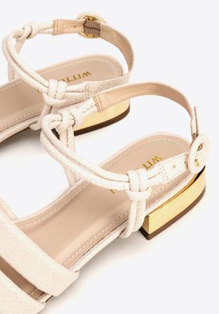 Croc print leather sandals with gold block heel, beige, 92-D-750-0-37, Photo 1