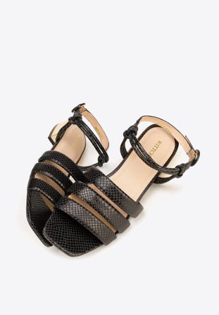 Croc print leather sandals with gold block heel, black, 92-D-750-1-36, Photo 1
