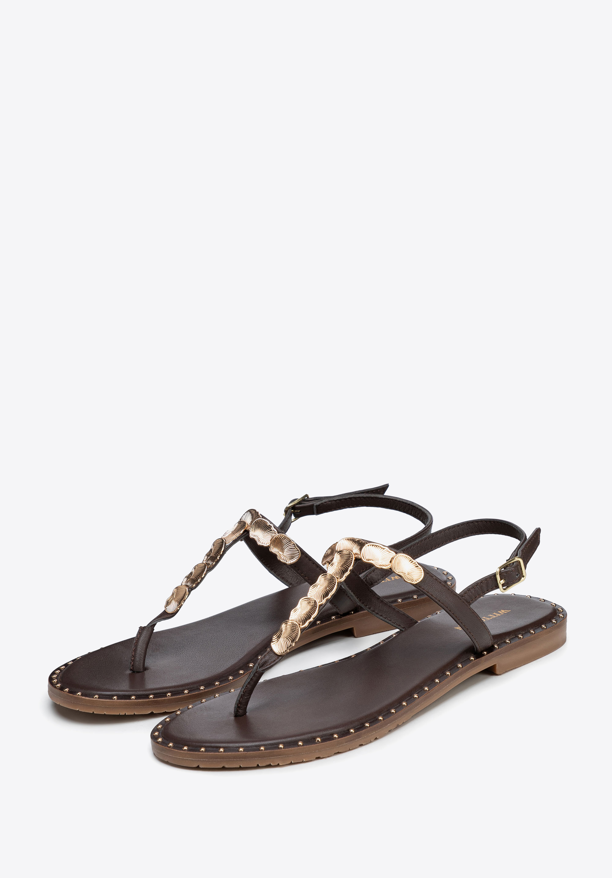 Women’s leather toe-post sandals with embellishments, brown, 100-D-703-4-39, Photo 1