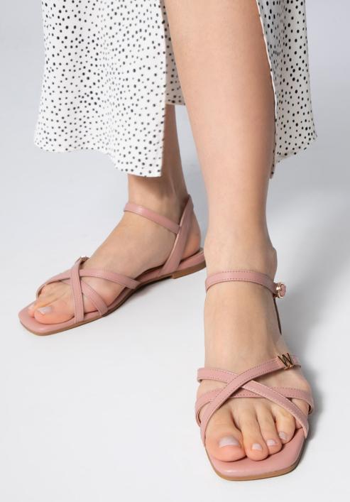 Women's leather cross strap sandals, muted pink, 98-D-971-P-41, Photo 15