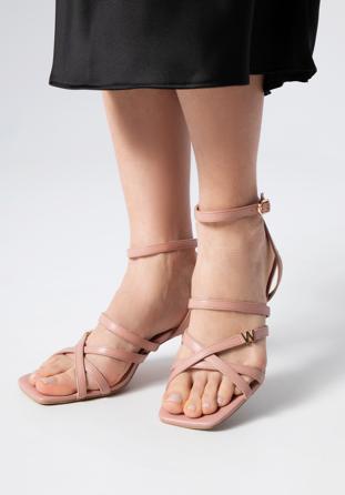 Damskie sandały ze skóry z paseczkami na szpilce, zgaszony róż, 98-D-970-P-35, Zdjęcie 1