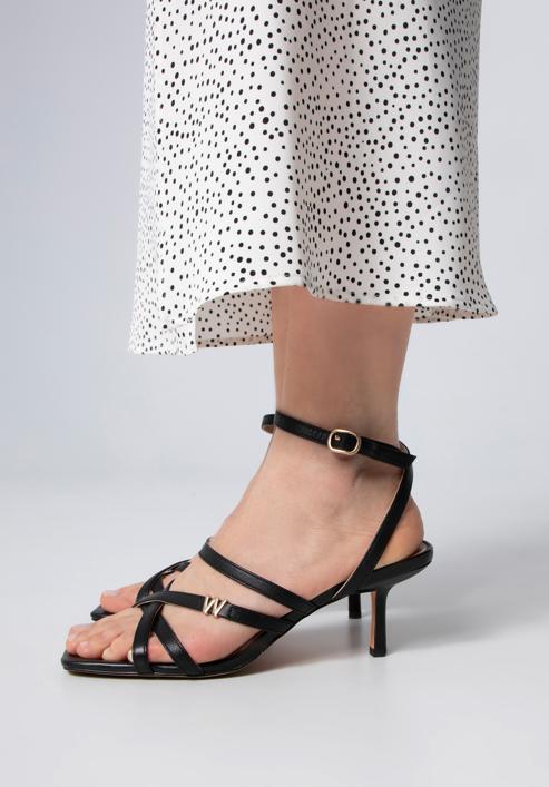 Damskie sandały ze skóry z paseczkami na szpilce, czarny, 98-D-970-P-36, Zdjęcie 2