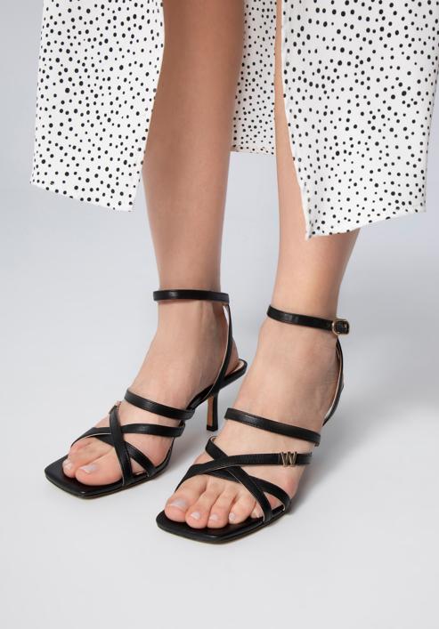 Damskie sandały ze skóry z paseczkami na szpilce, czarny, 98-D-970-0-38, Zdjęcie 3