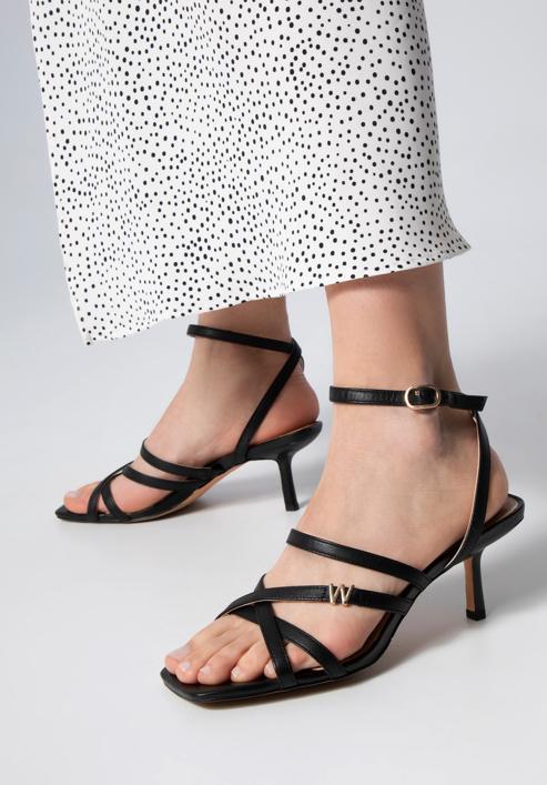 Damskie sandały ze skóry z paseczkami na szpilce, czarny, 98-D-970-0-40, Zdjęcie 4