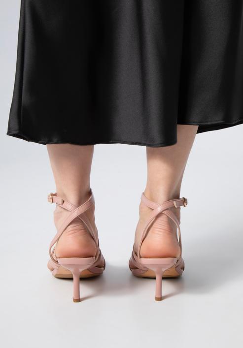 Damskie sandały ze skóry z paseczkami na szpilce, zgaszony róż, 98-D-970-1-39, Zdjęcie 4