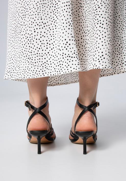 Damskie sandały ze skóry z paseczkami na szpilce, czarny, 98-D-970-1-36, Zdjęcie 5