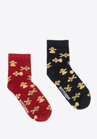 Women's socks with gingerbread man - set of 2 pairs, navy blue-red, 95-SD-003-X1-35/37, Photo 1
