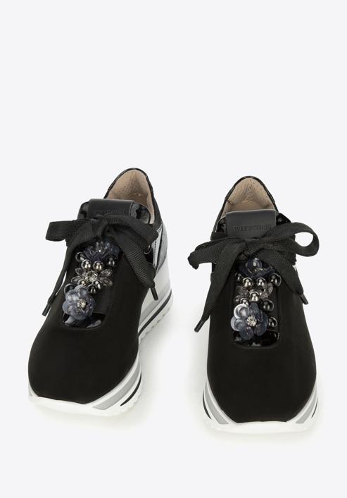 Damskie sneakersy ozdobione koralikami na koturnie, czarny, 95-D-656-1-36, Zdjęcie 3