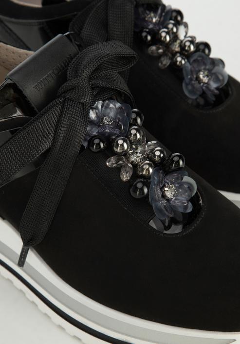 Damskie sneakersy ozdobione koralikami na koturnie, czarny, 95-D-656-1-36, Zdjęcie 9