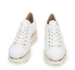 Damskie sneakersy skórzane klasyczne na platformie w pasy, biały, 94-D-114-0-35, Zdjęcie 1