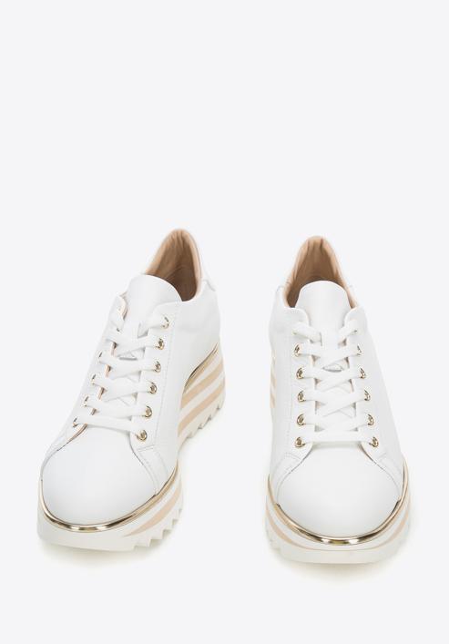 Damskie sneakersy skórzane klasyczne na platformie w pasy, biały, 94-D-114-0-41, Zdjęcie 2
