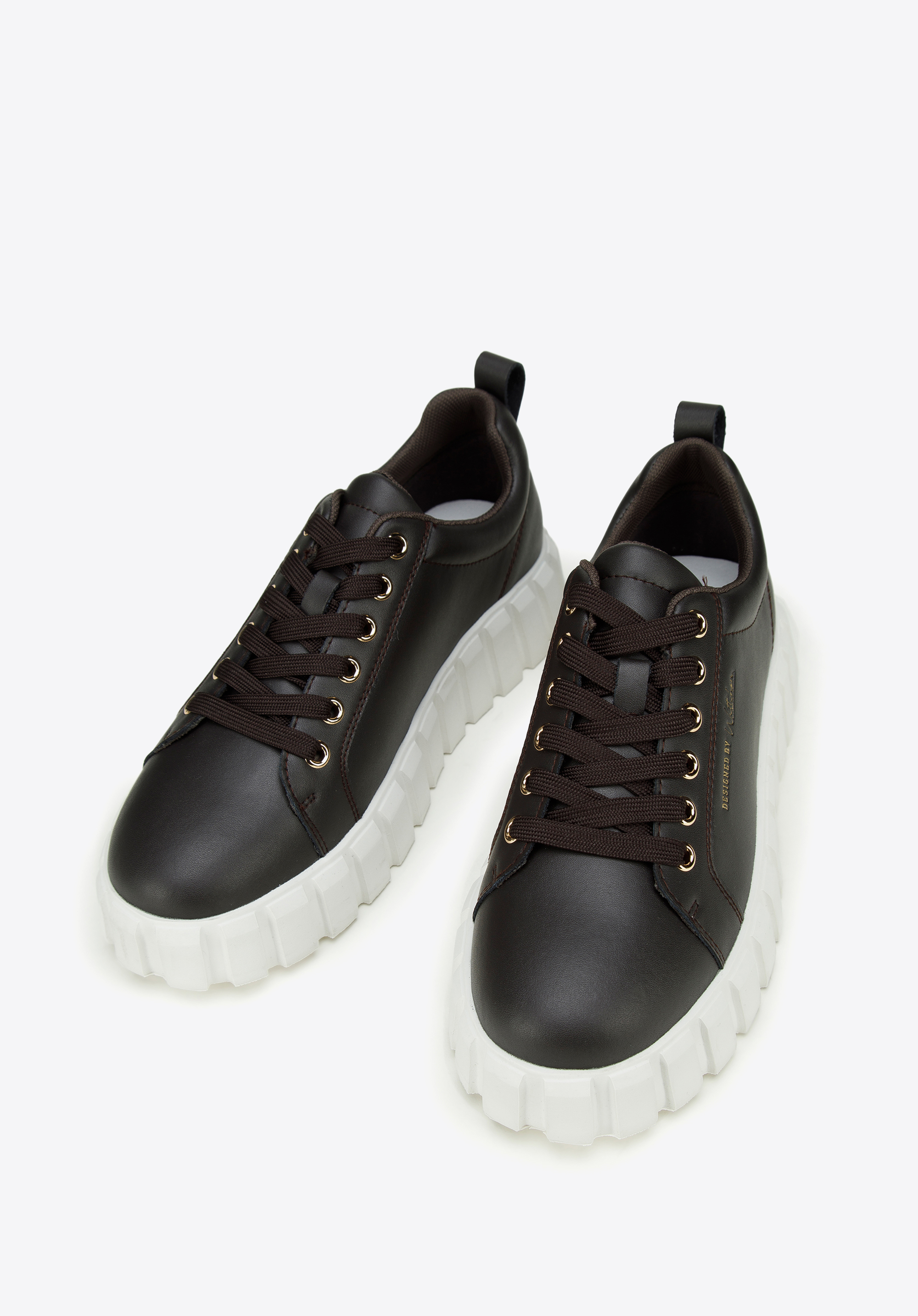 Damskie sneakersy skórzane na grubej platformie, ciemny brąz, 97-D-951-4-36, Zdjęcie 1