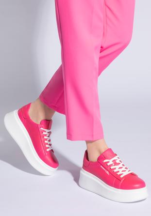 Damskie sneakersy skórzane na grubej podeszwie klasyczne, różowy, 96-D-963-P-36, Zdjęcie 1