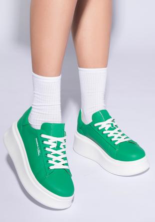 Damskie sneakersy skórzane na grubej podeszwie klasyczne, zielony, 96-D-963-Z-37, Zdjęcie 1