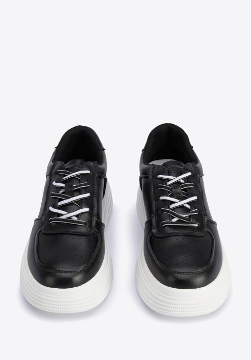 Damskie sneakersy skórzane na lekkiej platformie, czarno-biały, 95-D-951-1-36, Zdjęcie 3