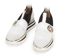 Damskie sneakersy skórzane na platformie ażurowe, biało-czarny, 92-D-135-0-38, Zdjęcie 1