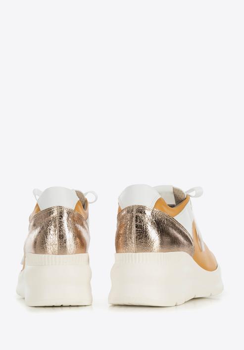 Damskie sneakersy skórzane z błyszczącymi wstawkami, koniak, 95-D-653-Y-40, Zdjęcie 4
