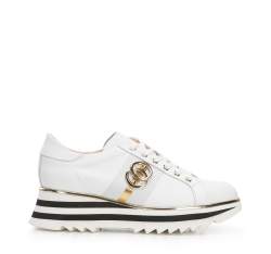 Damskie sneakersy skórzane z klamrą na platformie w pasy, biały, 94-D-111-0-37_5, Zdjęcie 1