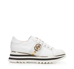 Damskie sneakersy skórzane z klamrą na platformie w pasy, biały, 94-D-111-0-36, Zdjęcie 1